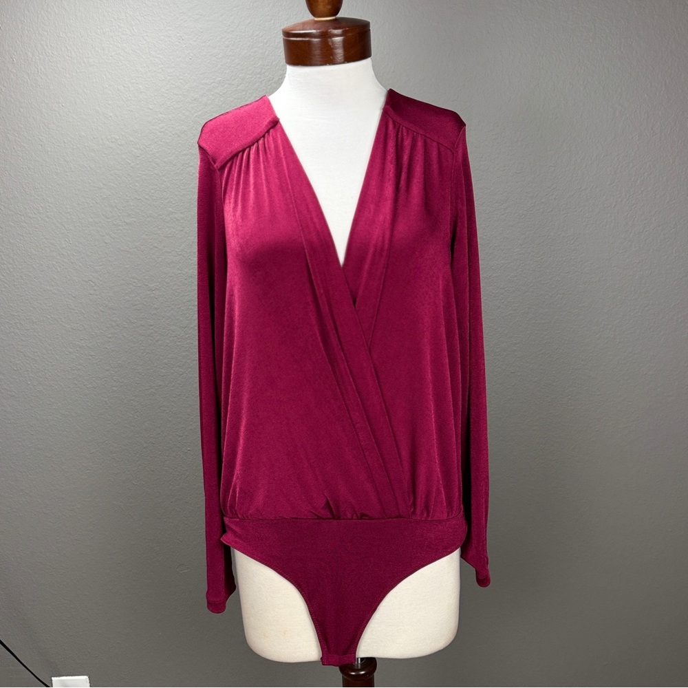 Free People Turnt Long sleeve draped bodysuit Dark Rhubarb  V-neck Sz L